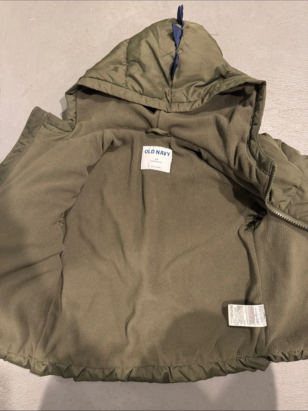 Old Navy Olive Green Toddler Puffer Jacket with Navy Pocket Accents